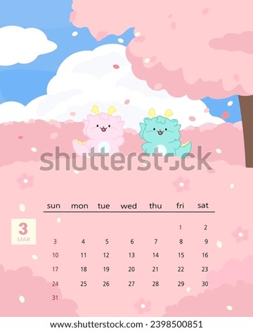 It's the Korean calendar in March 2024, with the character of a dragon looking at cherry blossoms in spring