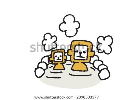 Clip art of bathhouse, spa, and bathhouse of monkey and child bathing in hot spring