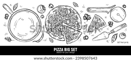 
Pizza set, mozzarella, pepperoni slice, pizza spatula, roller blade, pizza board and ingredients. Hand drawing sketch.