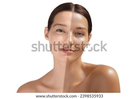 Crop close-up beauty studio woman photo of half face tanned before after solarium concept Royalty-Free Stock Photo #2398535933