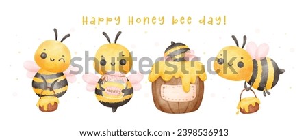 Group of cute baby honey bees watercolor banner cartoon character hand painting illustration vector. Happy Honey bee day. Royalty-Free Stock Photo #2398536913