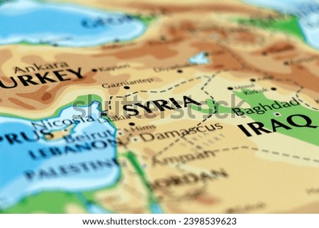 world map of middle east countries, turkey, iraq, syria, kuwait, bagdad, kirkuk, damascus in close up
