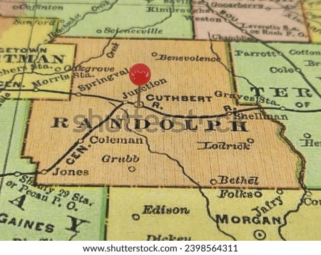 Randolph County, Georgia marked by a red tack on a colorful vintage map. The county seat is located in the city of Cuthbert, GA.