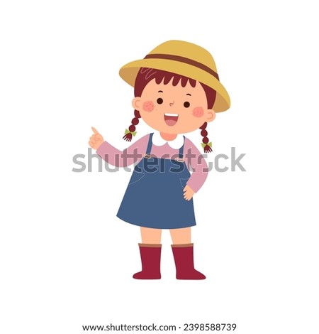 Little girl farmer or gardener pointing finger