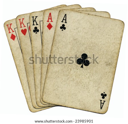 Full house aces and Kings vintage poker cards isolated over white.