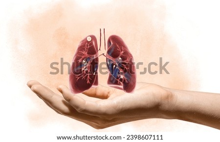 Bronchiectasis. lung disease. Normal bronchus and bronchiectasis.Vector medical illustration.doctor holding virtual Lungs in hand. Handrawn human organ, copy space on right side, raw photo colors. 