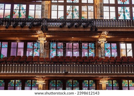 Interior of the Palau de la Musica Catalana or Catalan music palace, concert hall designed by Lluis Domenech i Montaner in Barcelona, Catalonia, Spain Royalty-Free Stock Photo #2398612143