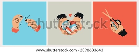 Vector set illustrations on the theme of hobby and creativity. Hands hold thread and needle, hand holds scissors, hands hold multi-colored threads. Elements for the design of postcards, banners.