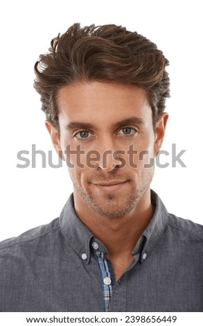 Portrait, confidence and business man in studio isolated on a white background. Face, creative professional and entrepreneur, employee and designer working on profile picture at startup in Spain