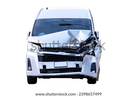 Front view of white van get damaged by accident on the road. damaged cars after collision. isolated on white background with clipping path, car crash bumper graphic design element. severe broken car