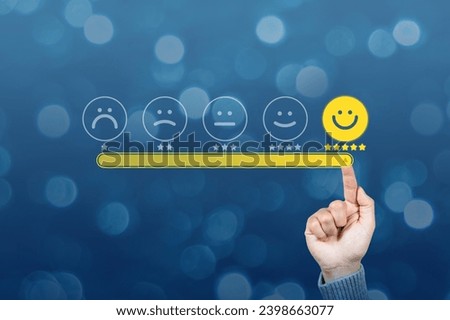 Customer touching loading bar for rating feedback scale. Loading giving smile emoticon. Service rating, feedback, satisfaction concept