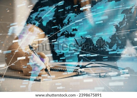 Multi exposure of woman's writing hand on background with data technology hud. Concept of innovation. Royalty-Free Stock Photo #2398675891