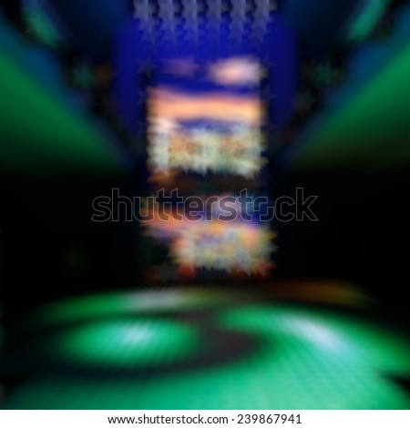 Bokeh background color disco. Blurred background nightclub spotlight on disco. Disco lights in the shape of a star. Blur background in the form of stars