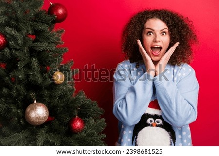 Photo of impressed excited lady wear ugly new year pullover hands arms cheek cheekbones decorating tree isolated red color background