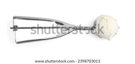 Steel scoop with tasty vanilla ice cream isolated on white, top view