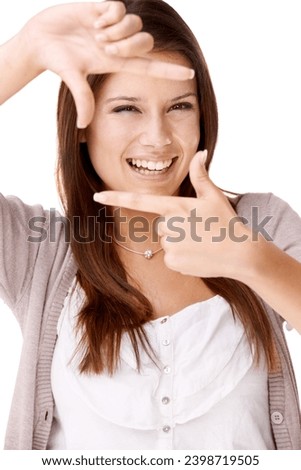 Portrait, hands and happy woman with selfie frame in studio for photography, sign or gesture on white background. Finger, border or face of female person with social media, profile picture or memory