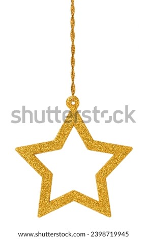 Hanging golden glittering star isolated on white background
