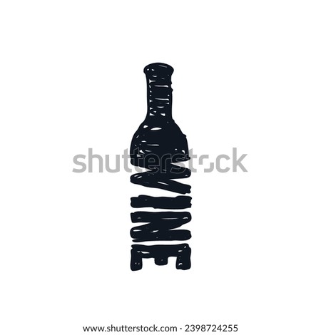 Wine bottle logo icon sign Hand drawn ink sketch lettering Doodle dirty abstract design Cartoon art style Fashion print clothes apparel greeting invitation card banner flyer promotional poster cover