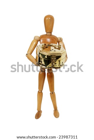 Wooden model representing a person holding an intricate cricket boxes made of brass with fancy hardware