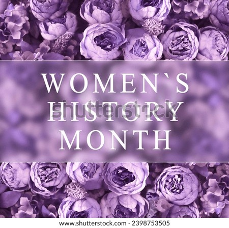 March is Women's History Month festive card with glassmorphism effect. Floral blurred background and text in frame. Lilac peonies beautiful background. Royalty-Free Stock Photo #2398753505