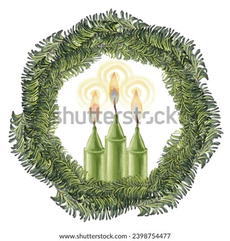 Watercolor green candles with flame in a frame of fir branches for Christmas, Candlemas, wedding, birthday, Easter, magic, memorial day, spa and holiday for invitations, cards, social posts, banners