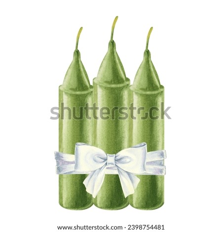 Watercolor green candles with bow for illustrations for Christmas, Candlemas Day, wedding, birthday, Easter, magic, memorial day, spa and relaxation for invitations, cards, social posts, banner