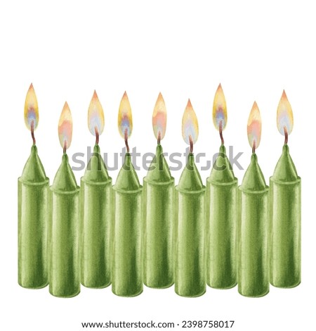Watercolor green candles with flame of fir branches for Christmas, Candlemas, wedding, birthday, Easter, magic, memorial day, spa and holiday for invitations, cards, social posts, banners