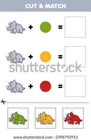 Education game cut and match combination color of cute triceratops printable dinosaur worksheet