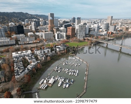 Aerial shot of SW Downtown Portland, Oregon, Hawthorne Bridge and Willamette River in November
