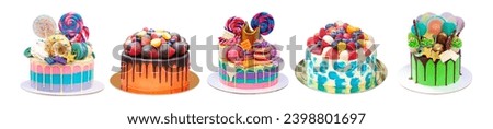 Assorted isolated blue, red, green, purple and yellow birthday cakes on white background, png