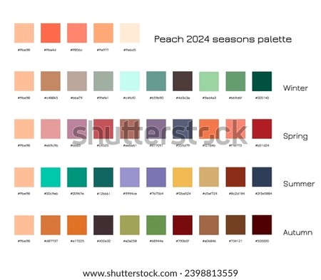 Peach color of the year 2024 seasons palette. Winter, spring, summer, summer, autumn color samples with hex codes. Color trends concept.