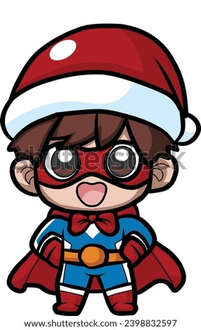 This vector illustration depicts a superhero in a Santa hat and mask, smiling and happy, anticipating Christmas. It is suitable for use on stickers and icons.