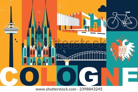 Typography word “Cologne” branding technology concept. Collection of flat vector web icons. Culture travel set, famous architectures, specialties detailed silhouette. German famous landmark Royalty-Free Stock Photo #2398843245