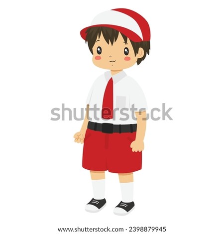 Indonesia elementary student character vector. Happy boy student wearing Indonesia school uniform standing, in white background.
