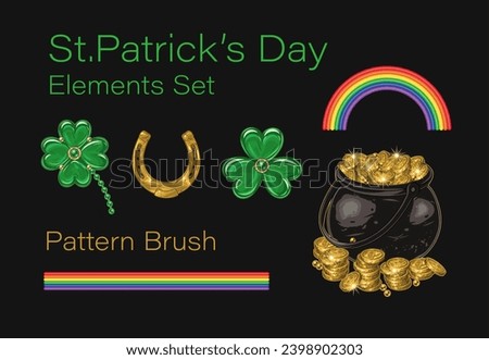 Set, clip art of design elements for St Patricks day in vintage style. Jewelry charms clover, shamrock, golden horseshoe, pot full of golden coins, rainbow pattern brush. Black background
