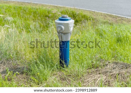 Single isolated red city hydrant water hose with street in the background, metal hose, water supply, fauget, emergency pipe valve water system in cities with blue and silver hydrant in grass