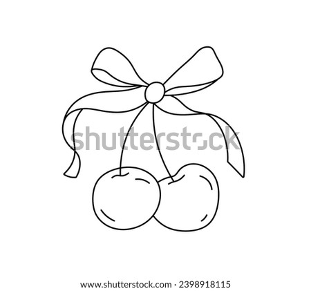 Vector isolated two pair couple cherry berries with ribbon bow colorless black and white contour line easy drawing Royalty-Free Stock Photo #2398918115