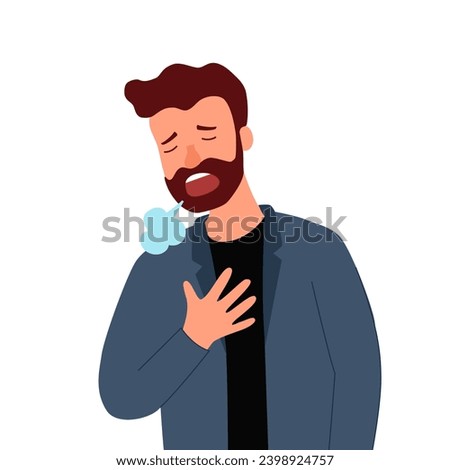 Man pressing against his chest with a shortness of breath symptom in flat design on white background. Difficulty breathing. Royalty-Free Stock Photo #2398924757