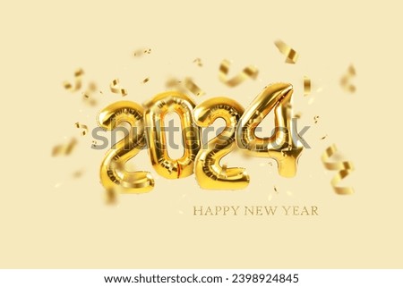 Happy New Year 2024 helium balloons with confetti on a beige background. New Year and Christmas, creative idea