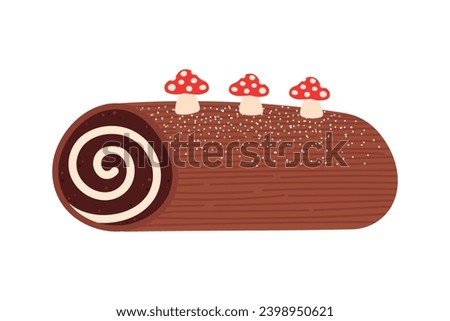 Yule log traditional Christmas cake with mushrooms decoration. Buche de noel dessert. Chocolate roll with cream Royalty-Free Stock Photo #2398950621