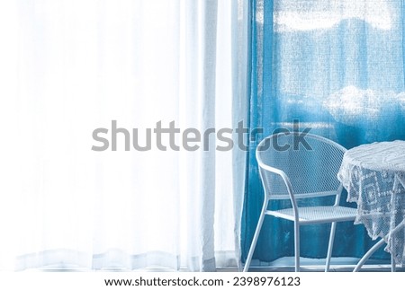 minimalism interior chair table and white aquamarine color curtain empty background space indoor advertising concept picture