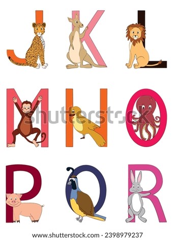 Vector illustration set of cartoon looking animals with colorful Alphabet letters