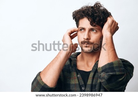 Man hipster portrait trendy expression smile copyspace cool face handsome shirt fashion