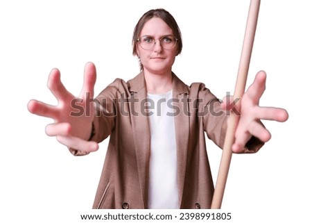 Woman teacher pulls her hands forward and wants to grab on studio isolated on a white background, copy space