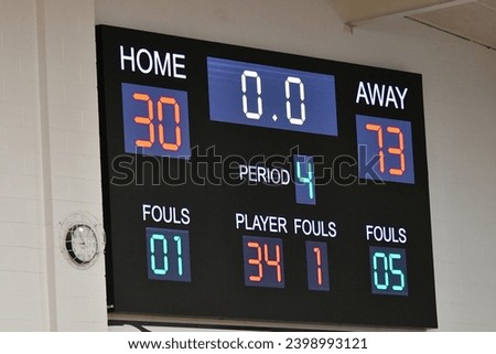 Basketball scoreboard on a gym wall Royalty-Free Stock Photo #2398993121