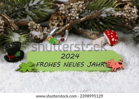 Happy New Year 2024: chimney sweep, lucky pig, horseshoe with congratulations for the new year. German inscription translated means Happy New Year 2024.
