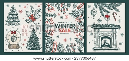 Christmas set in sketch style, winter sale. Hand drawn illustration.	