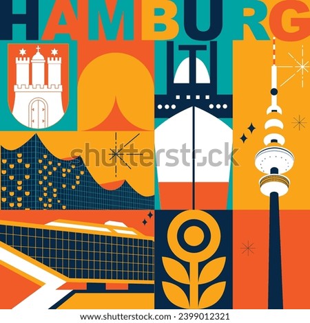 Typography word “Hamburg” branding technology concept. Collection of flat vector web icons. Culture travel set, famous architectures, specialties detailed silhouette. German famous landmark Royalty-Free Stock Photo #2399012321