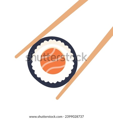 Chopsticks with sushi piece roll. Sushi utensil. Asian seafood. Vector isolated on white.