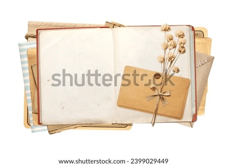 Retro book with blank pages, dry flowers, vintage envelope and paper card. Isolated on white background. Nostalgic scrapbooking collection. Mockup template. Copy space for text